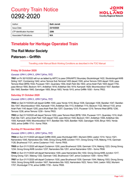 Country Train Notice 0292-2020 Country Regional Network