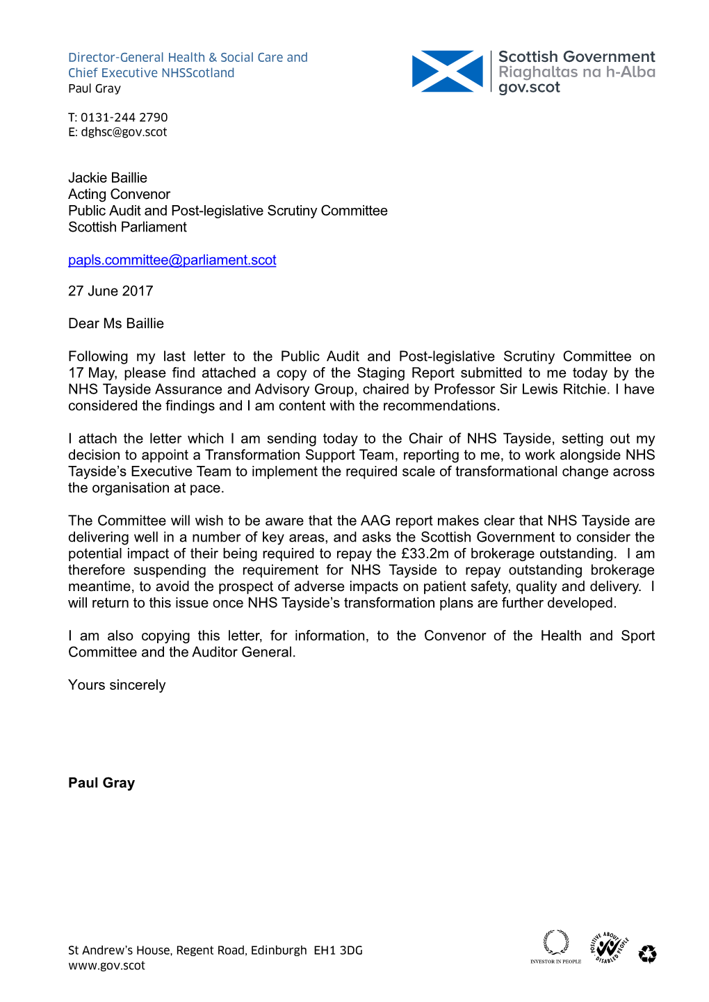 S Letter, for Information, to the Convenor of the Health and Sport Committee and the Auditor General