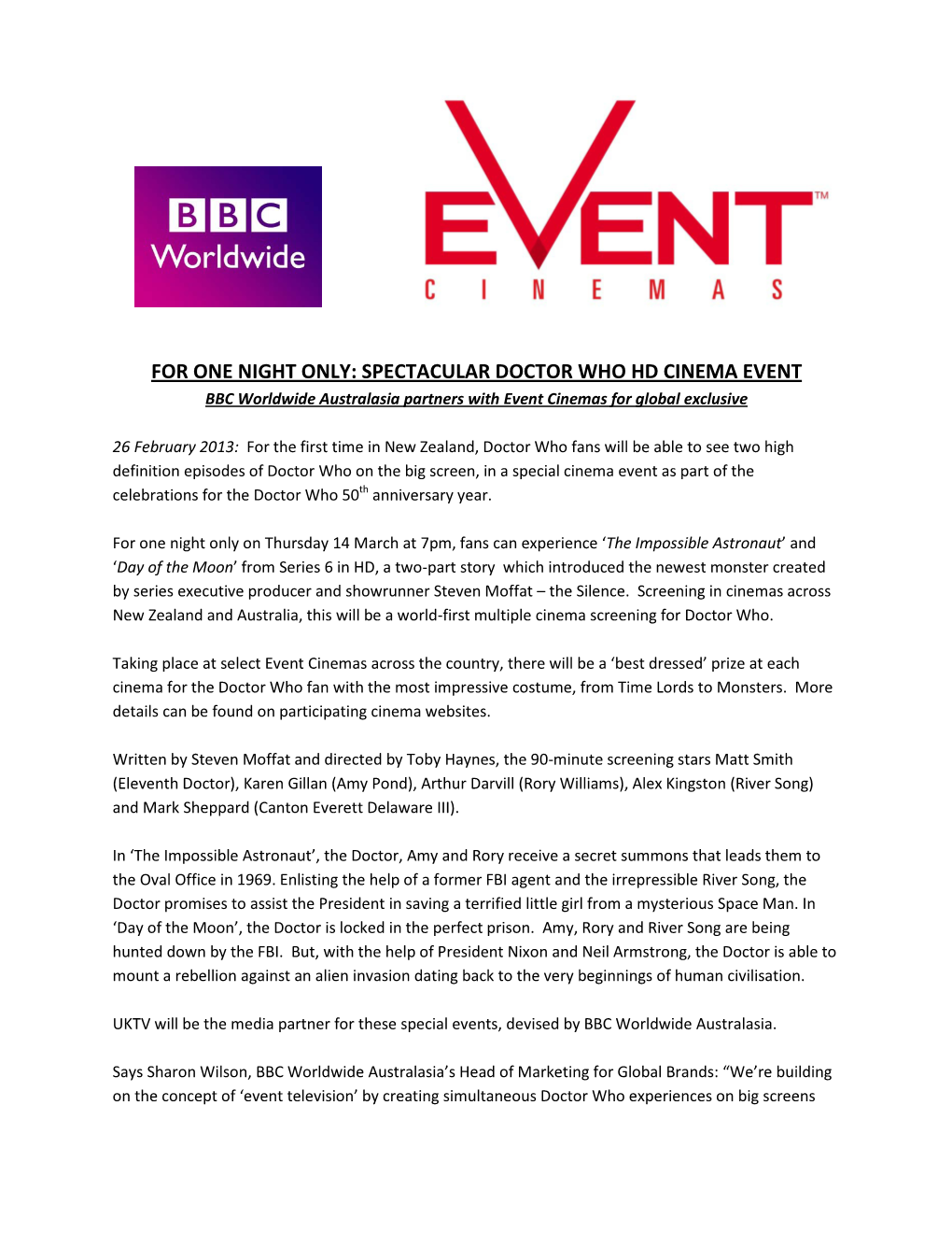 SPECTACULAR DOCTOR WHO HD CINEMA EVENT BBC Worldwide Australasia Partners with Event Cinemas for Global Exclusive