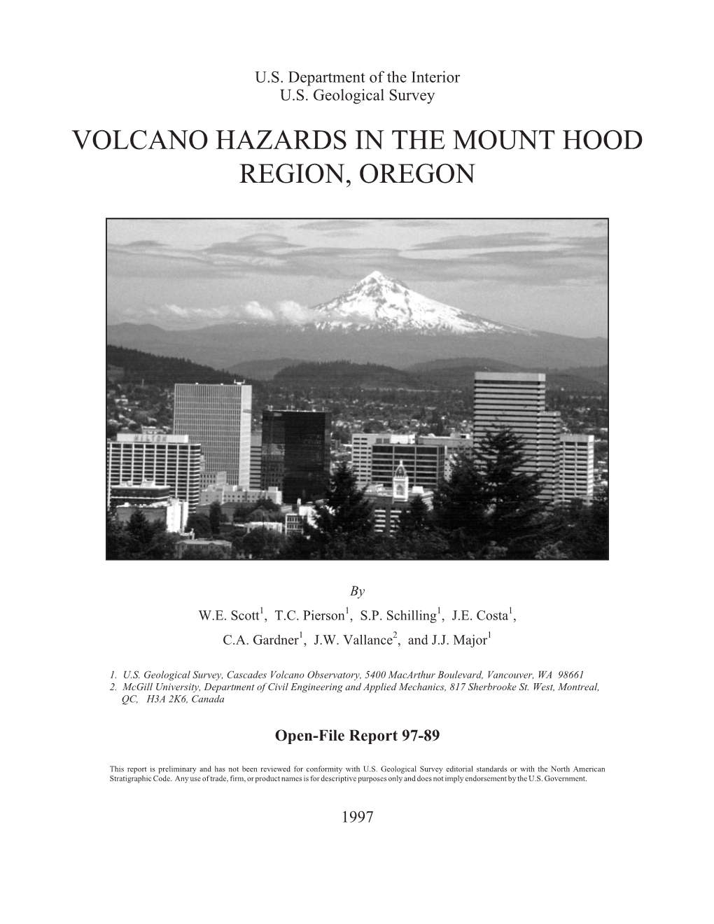 Volcano Hazards in the Mount Hood Region, Oregon