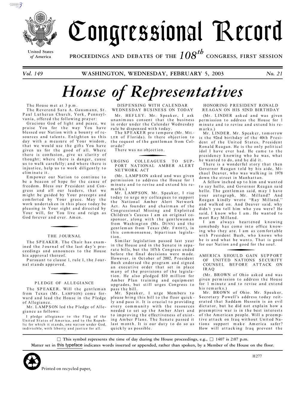 Congressional Record United States Th of America PROCEEDINGS and DEBATES of the 108 CONGRESS, FIRST SESSION