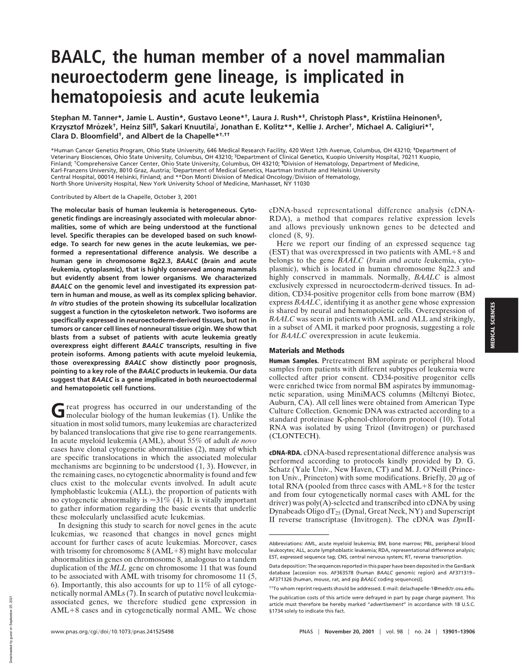 BAALC, the Human Member of a Novel Mammalian Neuroectoderm Gene Lineage, Is Implicated in Hematopoiesis and Acute Leukemia