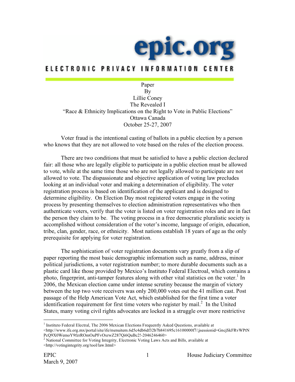 EPIC House Judiciary Committee March 9, 2007 1 Paper by Lillie