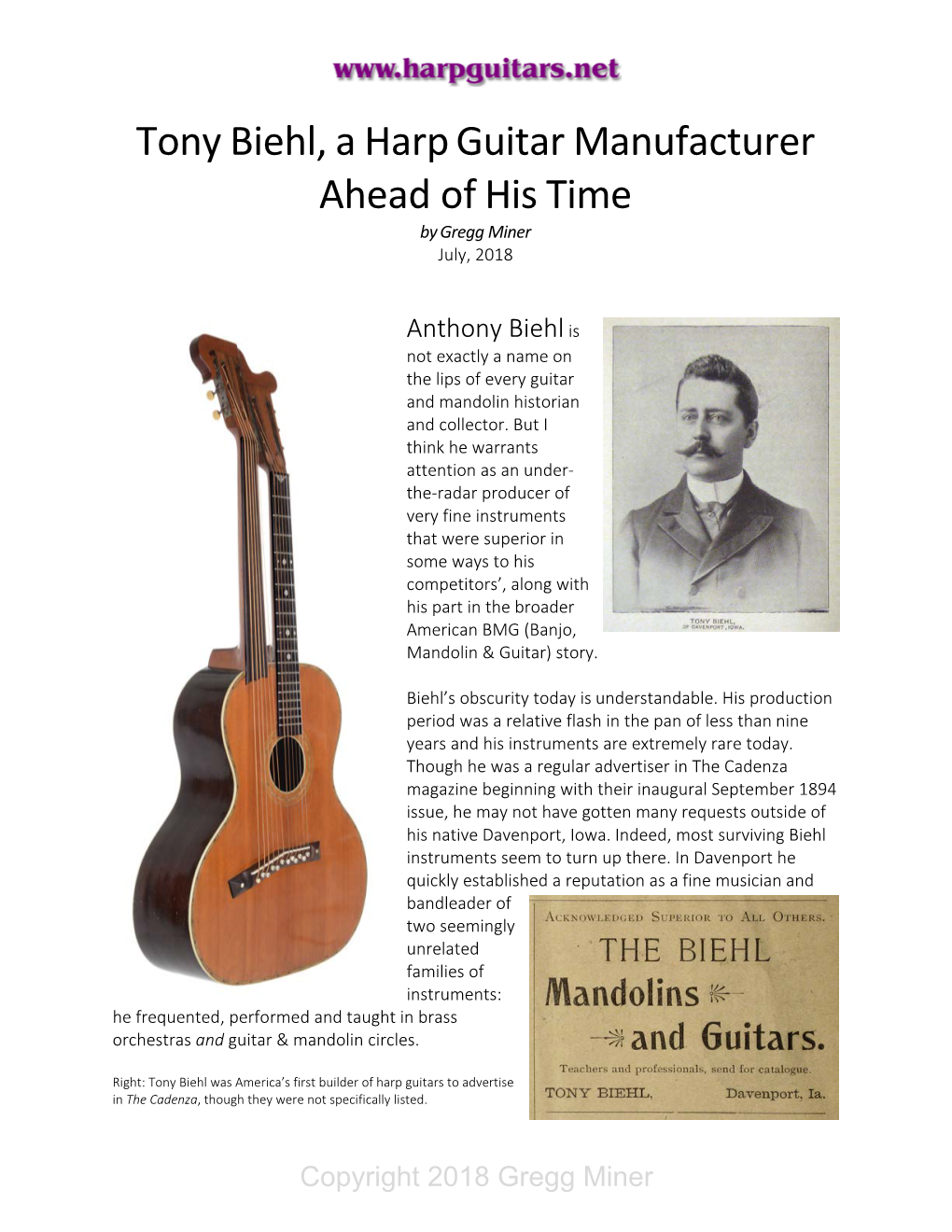 Tony Biehl, a Harp Guitar Manufacturer Ahead of His Time by Gregg Miner July, 2018