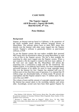 CASE NOTE the Napster Appeal A&M Records V Napster 00-16401, Filed 02/12/01, 9 Cir. Peter Dehlsen∗