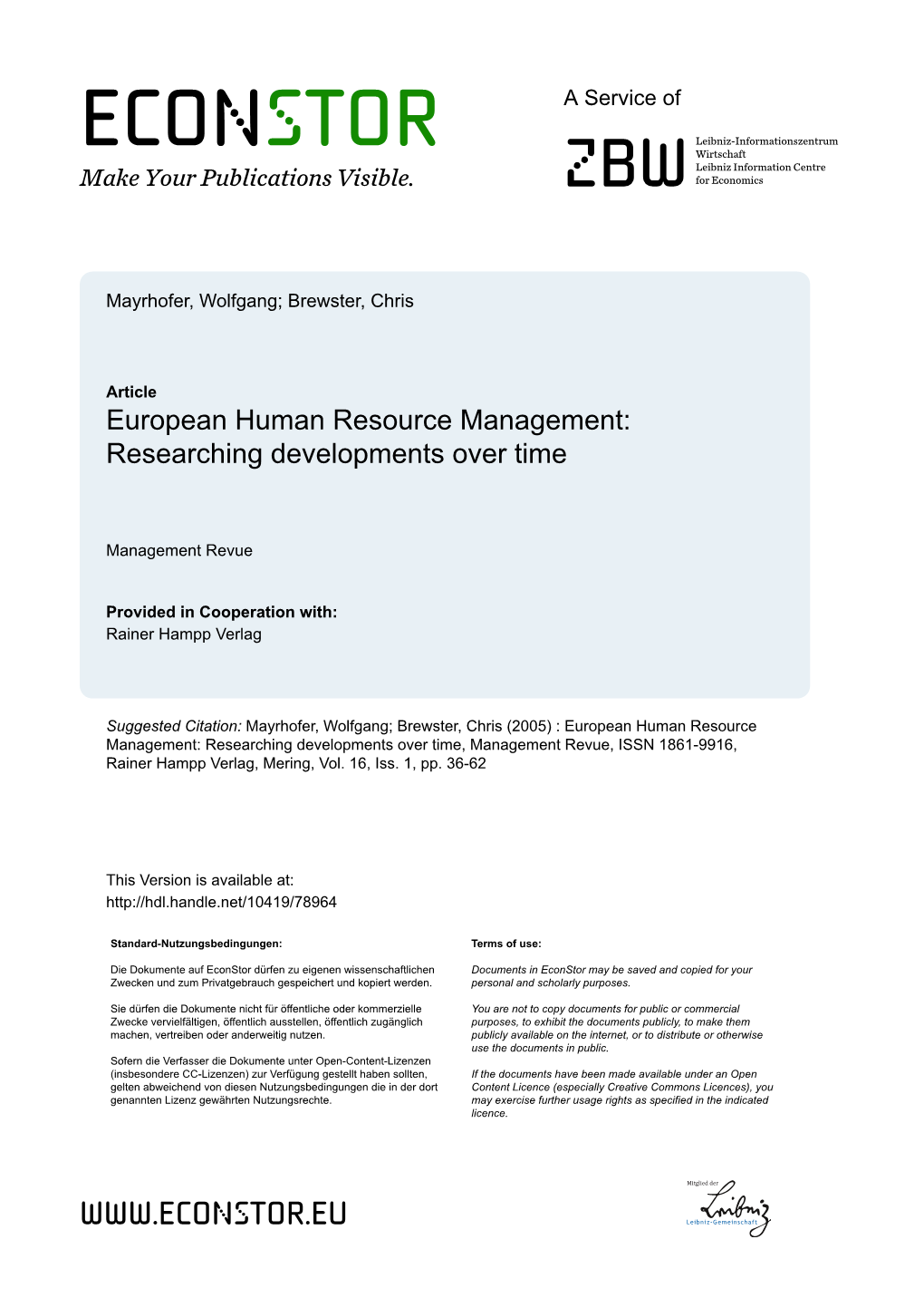 European Human Resource Management: Researching Developments Over Time