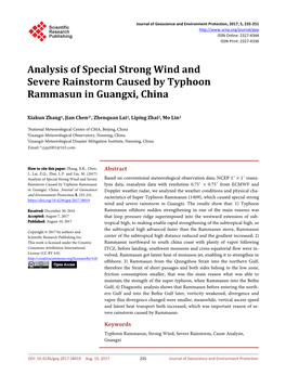 Analysis of Special Strong Wind and Severe Rainstorm Caused by Typhoon Rammasun in Guangxi, China
