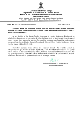 Memo. No. 491 /DICO-Paschim Bardhaman Date : 06/07/2021 E-Tender Notice for Organizing Various Types of Publicity Works Thro