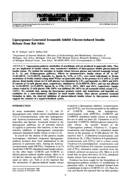 Lipoxygenase-Generated Icosanoids Inhibit Glucose-Induced Insulin Release from Rat Islets
