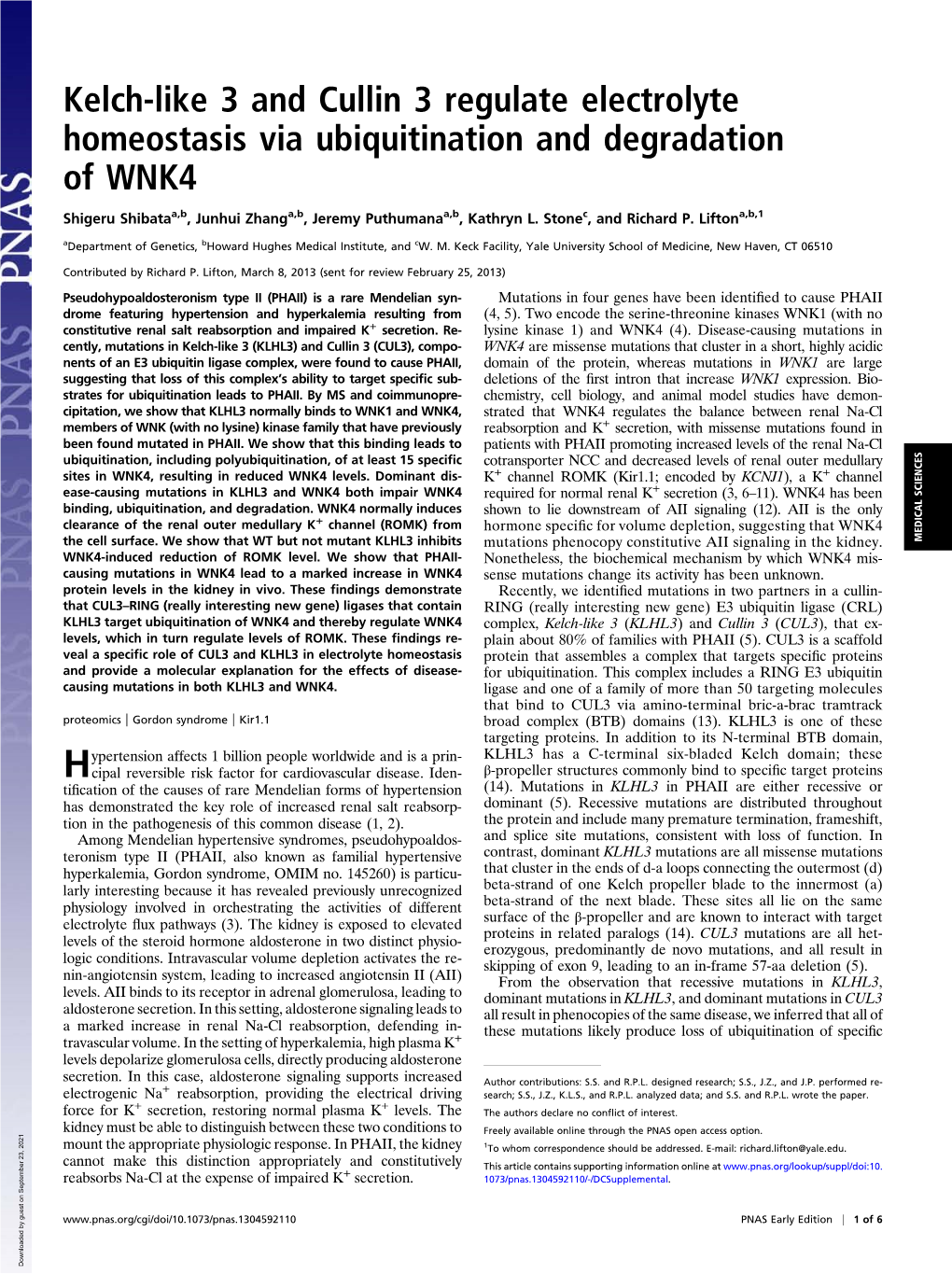 Kelch-Like 3 and Cullin 3 Regulate Electrolyte Homeostasis Via Ubiquitination and Degradation of WNK4