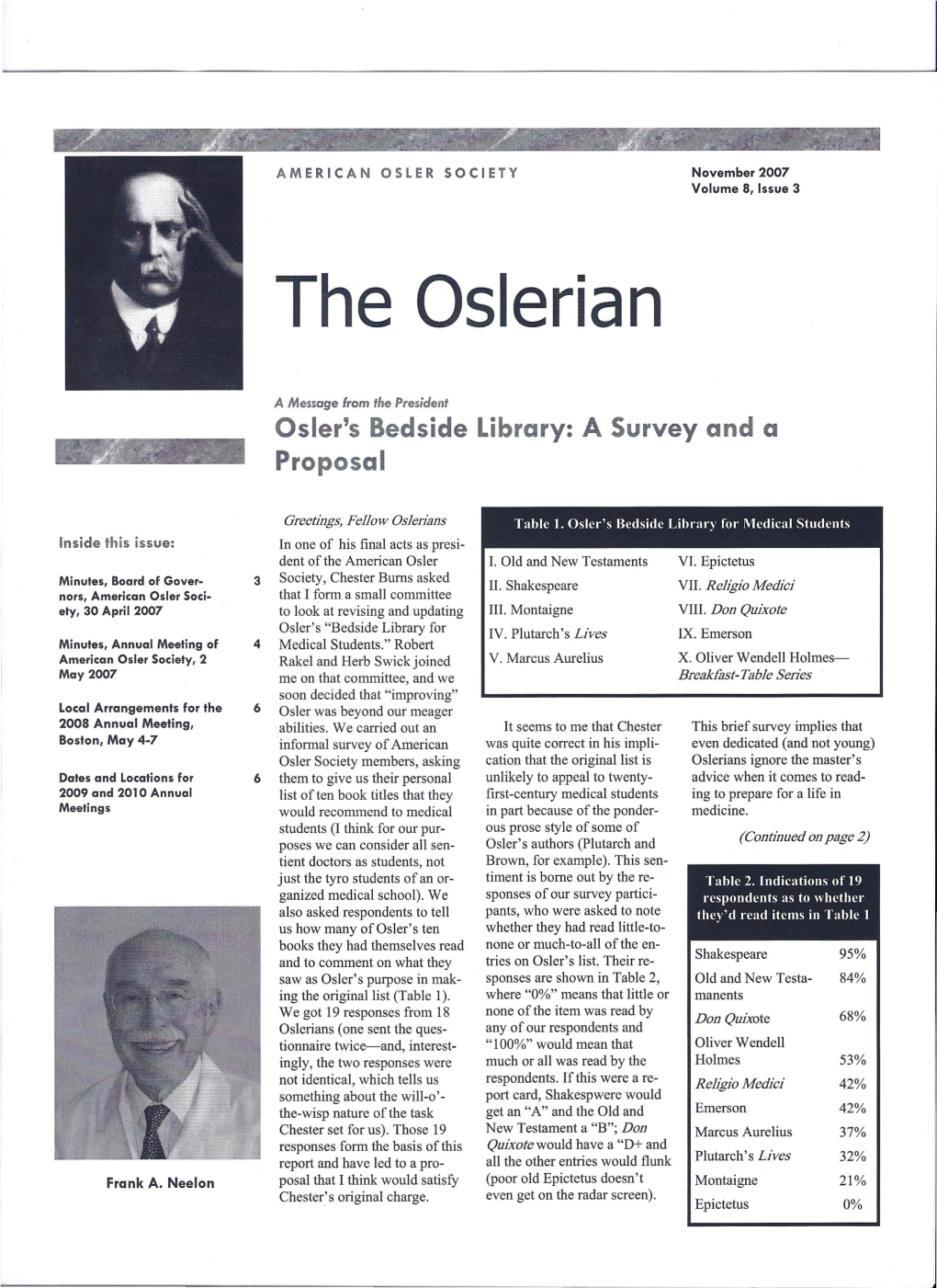 Osler's Bedside Library: a Survey and a Proposal