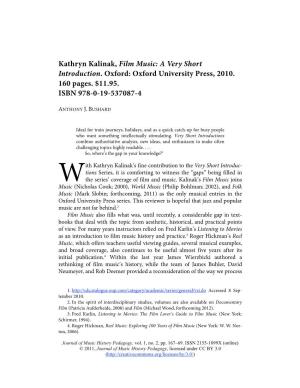 Kathryn Kalinak, Film Music: a Very Short Introduction. Oxford: Oxford University Press, 2010. 160 Pages. $11.95. ISBN 978-0-19-537087-4