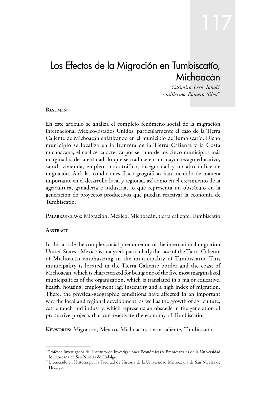 Los Efectos De La Migración En Tumbiscatío, Michoacán Casimiro Leco Tomás* Guillermo Romero Silva**