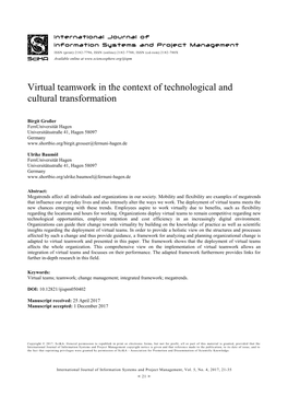 Virtual Teamwork in the Context of Technological and Cultural Transformation