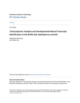 Transcriptomic Analysis and Developmental Neural Transcript Identification in the Brittle Star Ophioplocus Esmarki