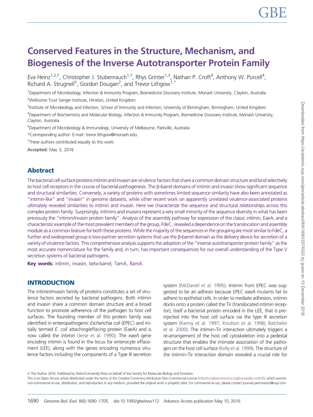 Conserved Features in the Structure, Mechanism, and Biogenesis of the Inverse Autotransporter Protein Family