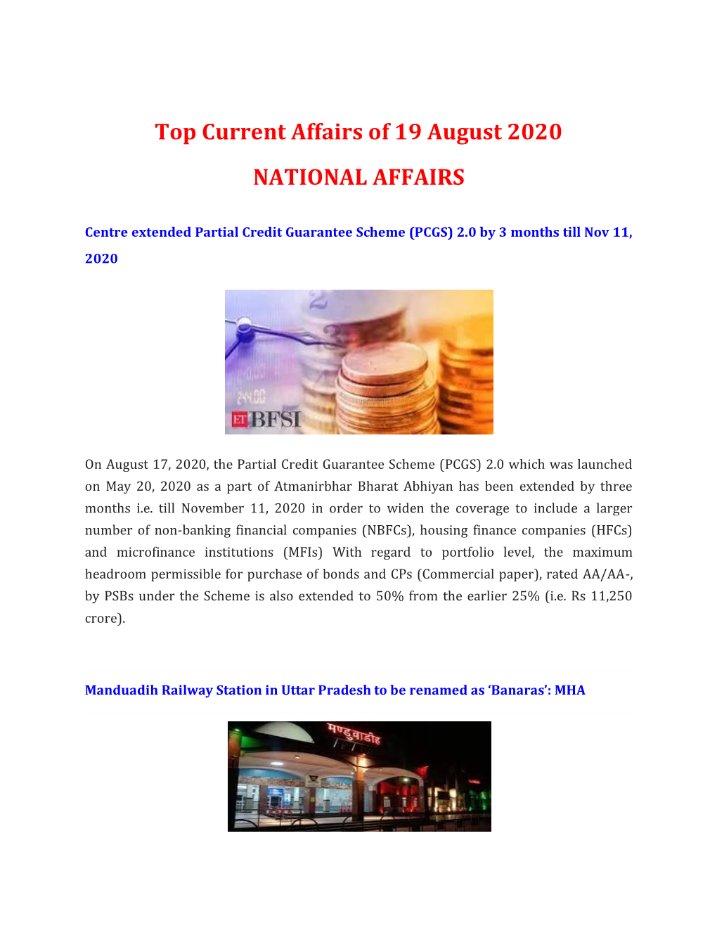Top Current Affairs of 19 August 2020 NATIONAL AFFAIRS