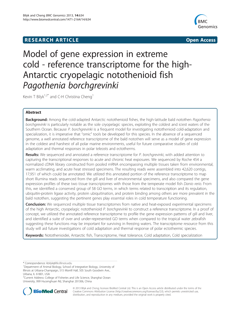 Reference Transcriptome for the High- Antarctic Cryopelagic Notothenioid Fish Pagothenia Borchgrevinki Kevin T Bilyk1,2* and C-H Christina Cheng1
