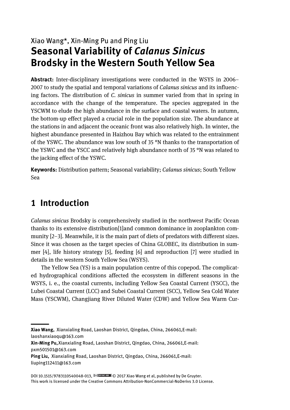 Seasonal Variability of Calanus Sinicus Brodsky in the Western South Yellow Sea