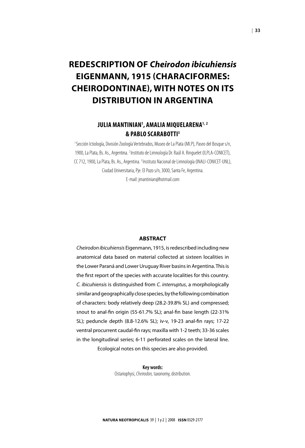 Redescription of Cheirodon Ibicuhiensis Eigenmann, 1915 (Characiformes: Cheirodontinae), with Notes on Its Distribution in Argentina