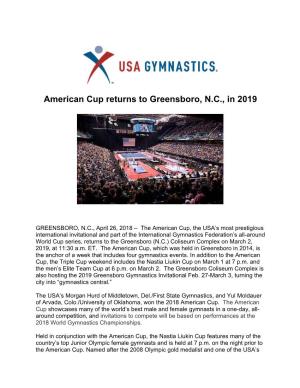 American Cup Returns to Greensboro, N.C., in 2019