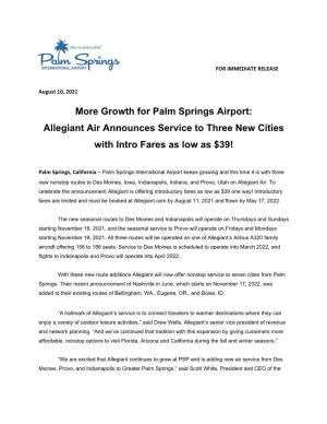 Allegiant Announces Three New Routes from Palm Springs