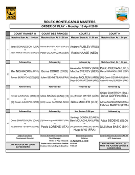 ROLEX MONTE-CARLO MASTERS ORDER of PLAY - Monday, 16 April 2018