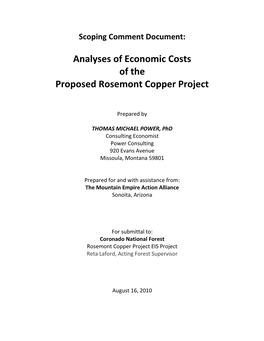 Analyses of Economic Costs of the Proposed Rosemont Copper Project