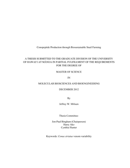 Conopeptide Production Through Biosustainable Snail Farming A