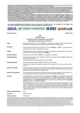 Pricing Termsheet 13 March 2014 ACS EUR 405.6 Million Guaranteed
