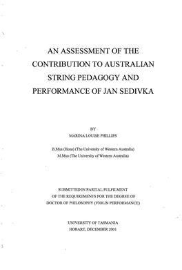 An Assessment of the Contribution to Australian String Pedagogy and Performance of Jan Sedivka