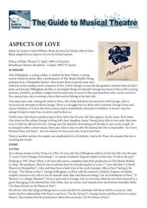 ASPECTS of LOVE Music by Andrew Lloyd Webber; Book & Lyrics by Charles Hart & Don Black Adapted from Aspects of Love by David Garnett