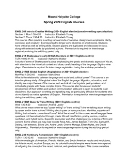 Mount Holyoke College Spring 2020 English Courses