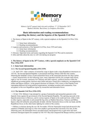 Basic Information and Reading Recommendations Regarding the History and the Legacies of the Spanish Civil War