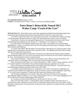 Notre Dame's Brian Kelly Named 2012 Walter Camp “Coach of The