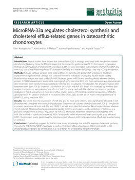 Microrna-33A Regulates Cholesterol Synthesis and Cholesterol Efflux