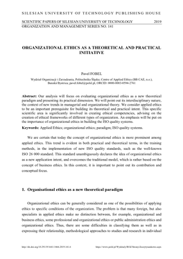 Organizational Ethics As a Theoretical and Practical Initiative