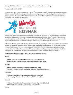 Wendy's High School Heisman Announces State Winners in West/Southwest Region