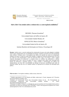 Salve Job: Um Estudo Sobre a Telenovela E a Convergência Midiática1