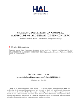 CARTAN GEOMETRIES on COMPLEX MANIFOLDS of ALGEBRAIC DIMENSION ZERO Indranil Biswas, Sorin Dumitrescu, Benjamin Mckay