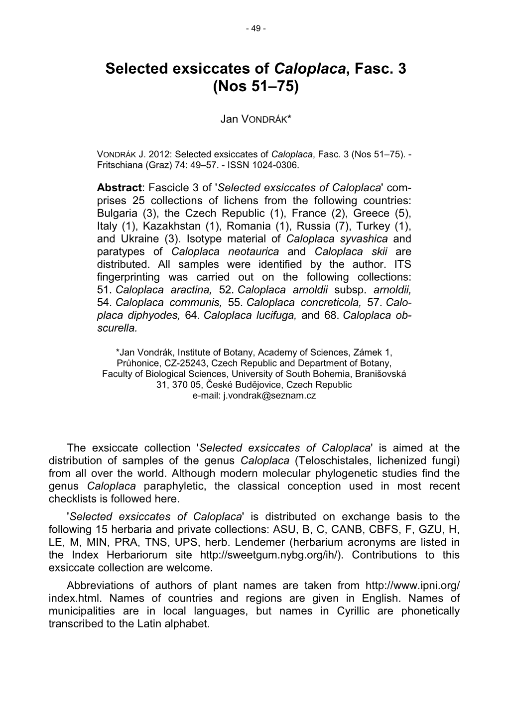 Selected Exsiccates of Caloplaca, Fasc. 3 (Nos 51–75)