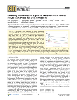 Enhancing the Hardness of Superhard Transition-Metal Borides: Molybdenum-Doped Tungsten Tetraboride † ‡ ‡ ‡ ‡ Reza Mohammadi,*, Christopher L