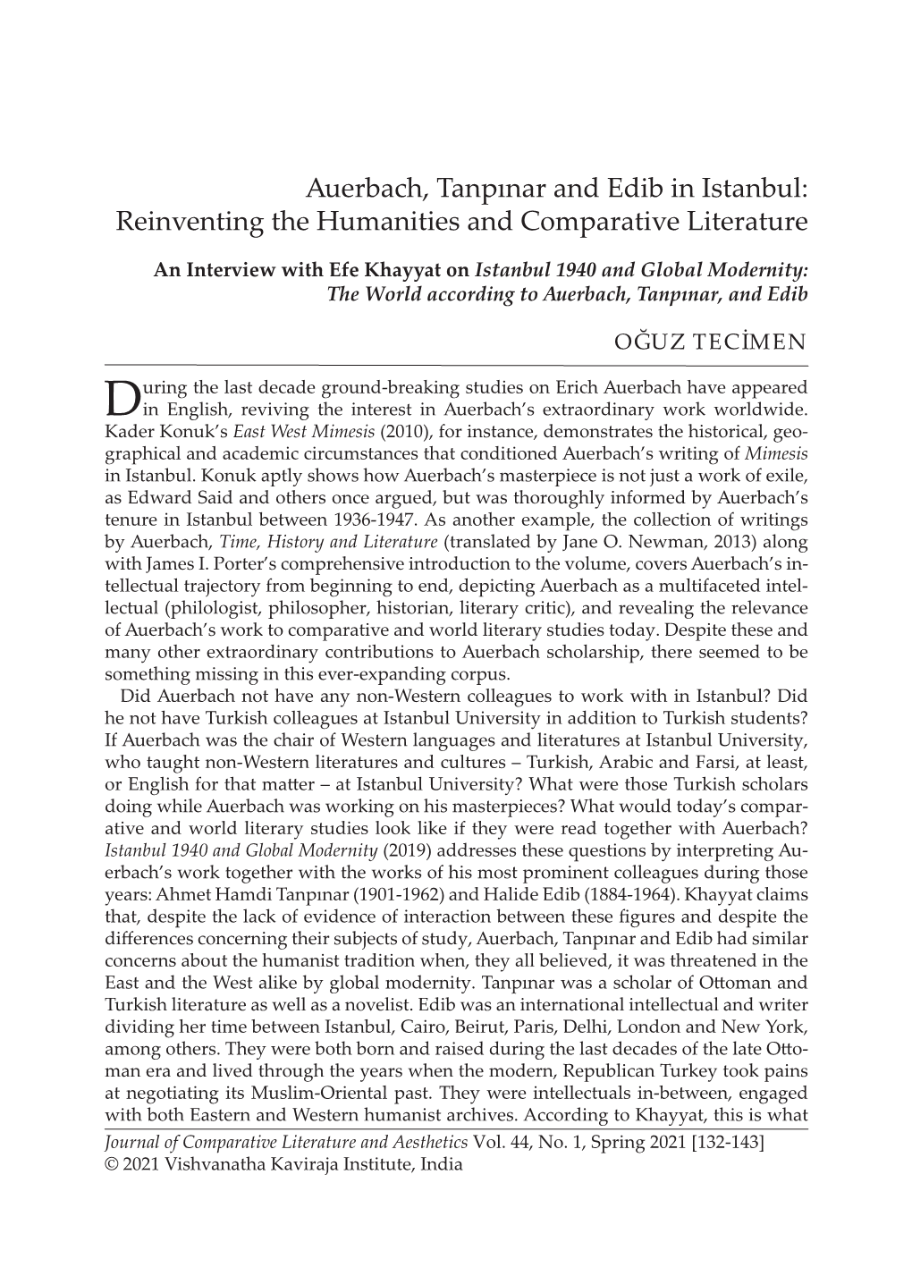 Auerbach, Tanpınar and Edib in Istanbul: Reinventing the Humanities and Comparative Literature