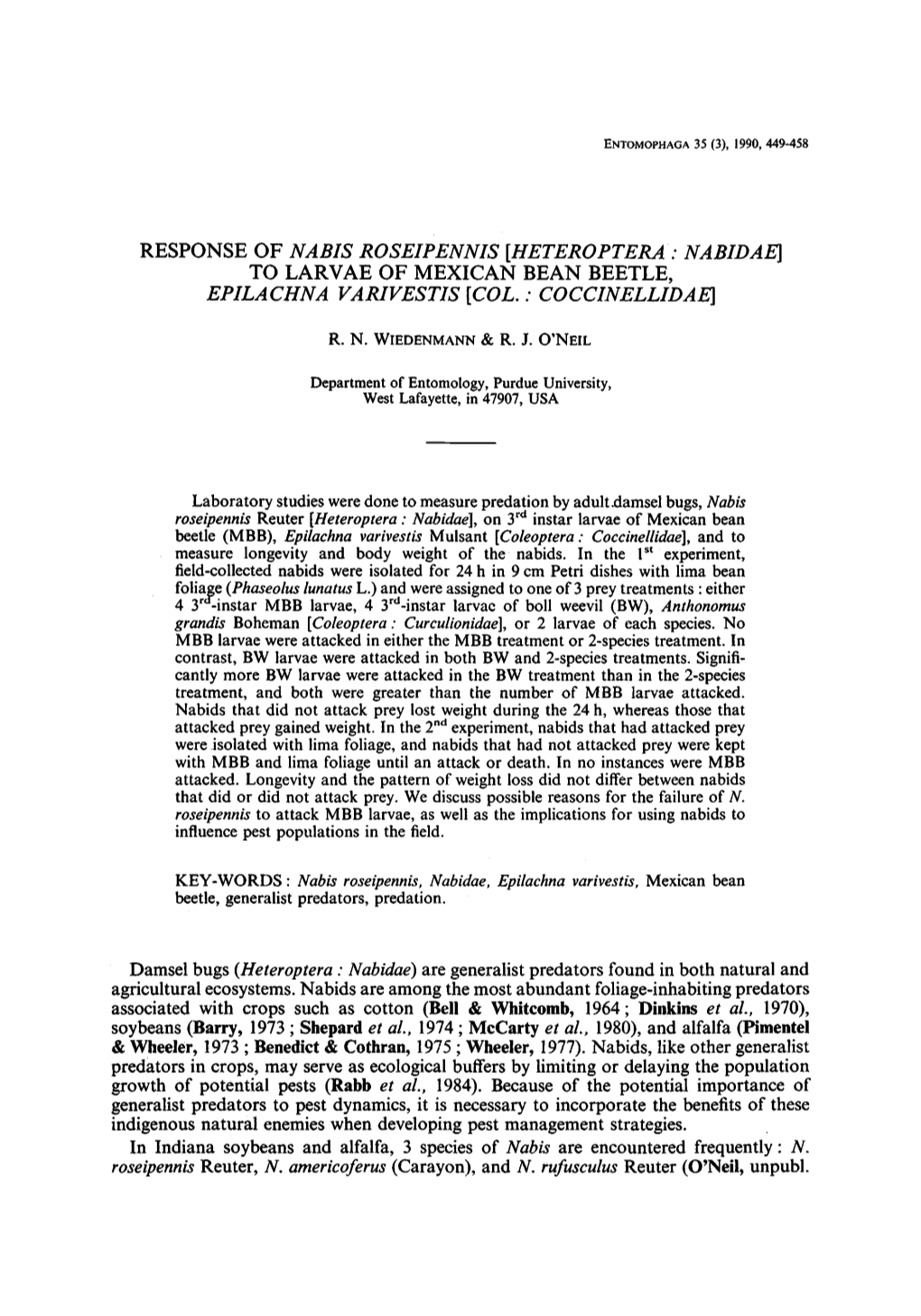Response of Nabis Roseipennis [Heteroptera: Nabidae] to Larvae Of