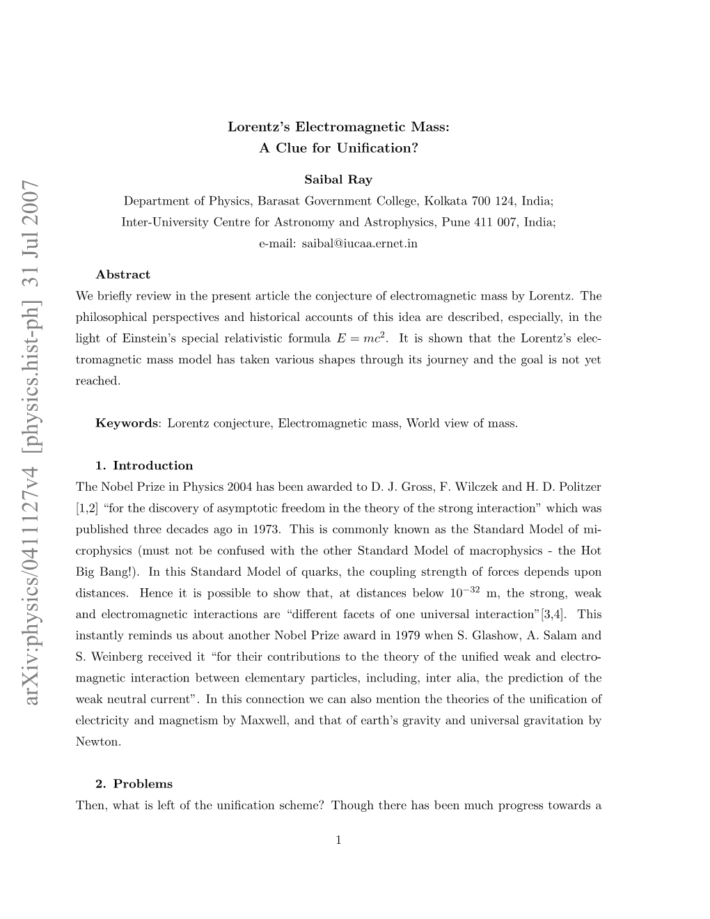 Lorentz's Electromagnetic Mass: a Clue for Unification?