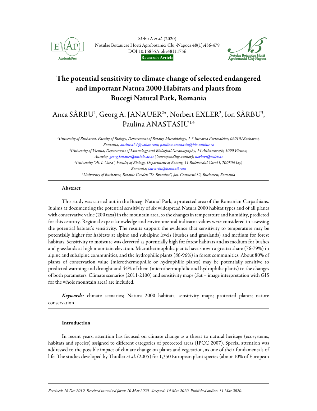 The Potential Sensitivity to Climate Change of Selected Endangered and Important Natura 2000 Habitats and Plants from Bucegi Natural Park, Romania