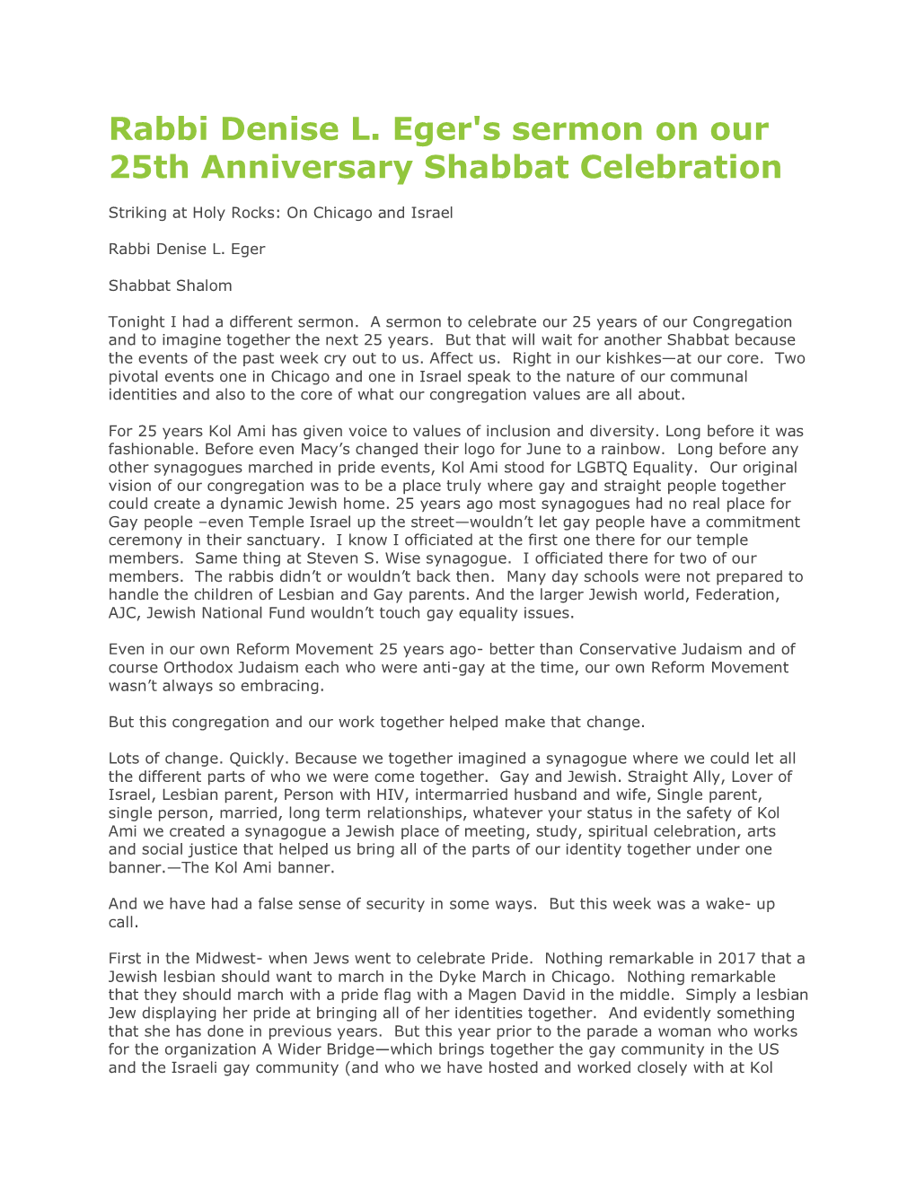 Rabbi Denise L. Eger's Sermon on Our 25Th Anniversary Shabbat Celebration