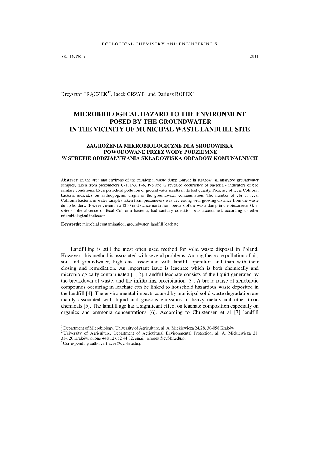 Microbiological Hazard to the Environment Posed by the Groundwater in the Vicinity of Municipal Waste Landfill Site