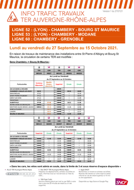 Ligne 52 : (Lyon) - Chambery - Bourg St Maurice Ligne 53 : (Lyon) - Chambery - Modane Ligne 60 : Chambery - Grenoble