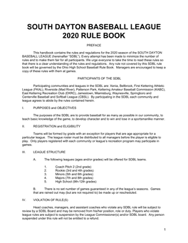 South Dayton Baseball League 2020 Rule Book